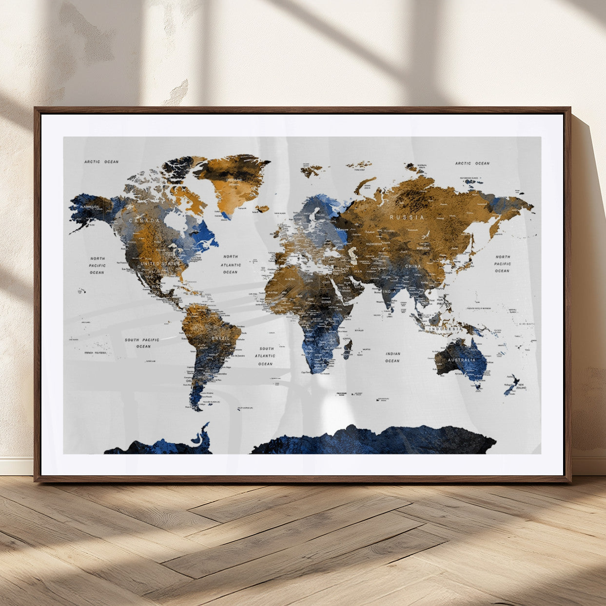 56231-MGC-FP-36x24_Walnut-Navy and Gold World Map Canvas Wall Art – Framed Modern World Map Print, Elegant Travel Inspired Artwork for Home and Office Decor