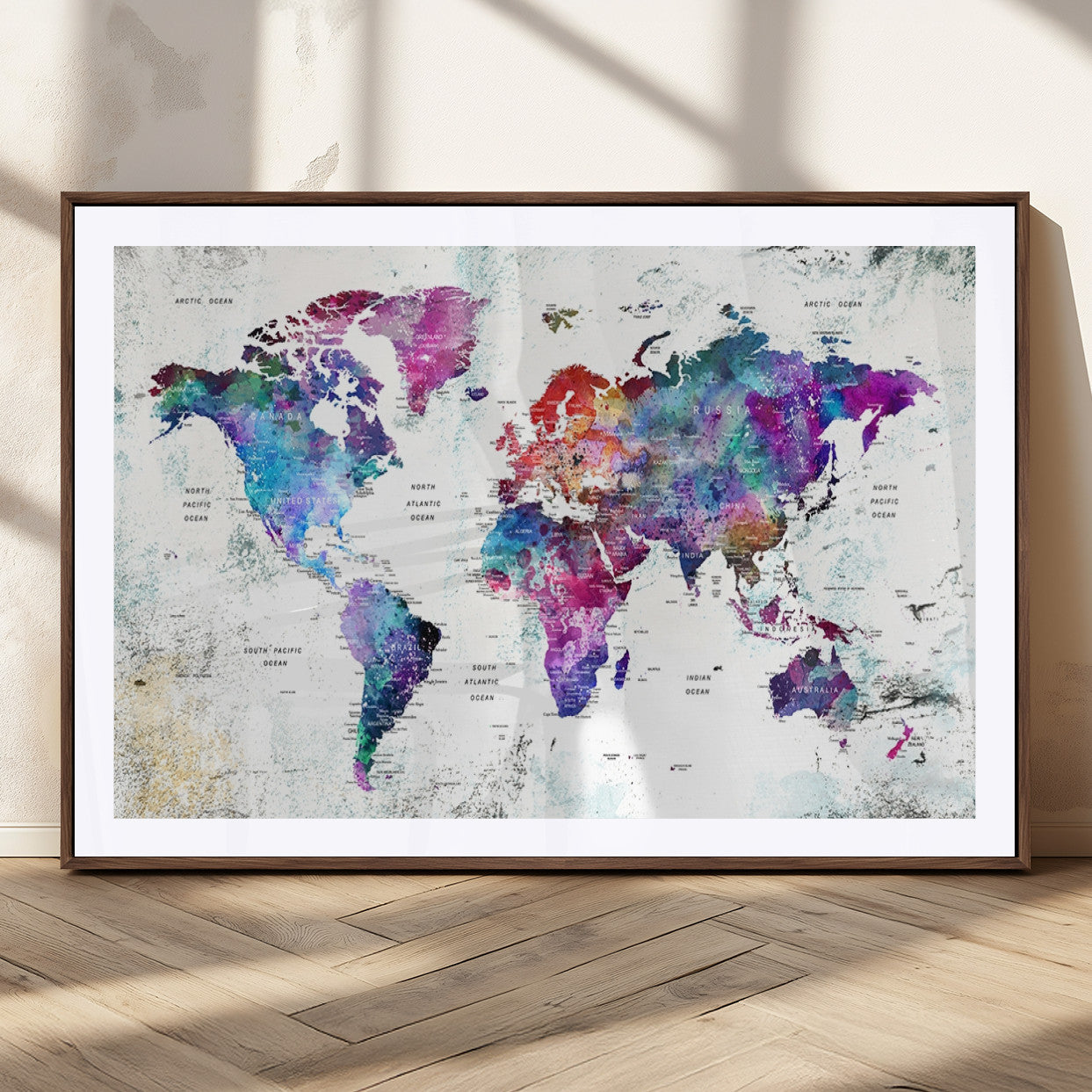 73735-MGC-FP-36x24_Walnut-Push Pin World Map Canvas Print – Framed Travel Map Wall Art for Couples, Anniversary Gift, Modern Home or Office Decor
