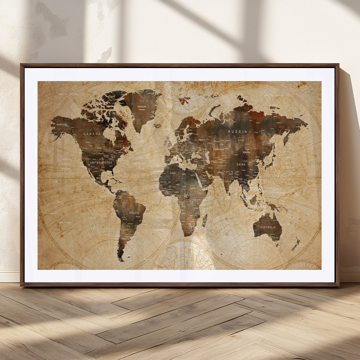 13813-MGC-FP-36x24_Walnut-Push Pin World Map Canvas Print – Framed Travel Tracker Wall Art for Couples, Perfect Anniversary Gift and Home Decor