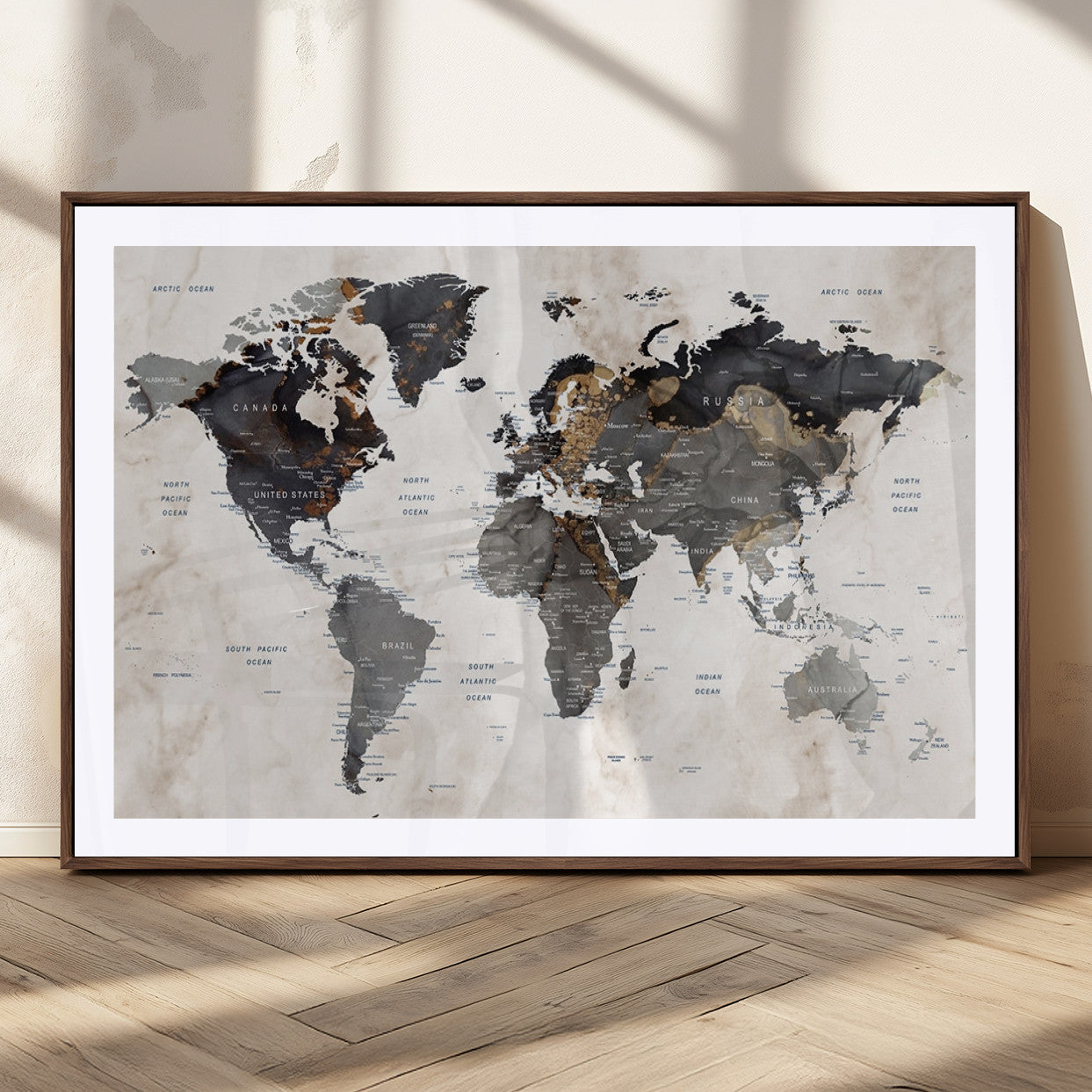 48937-MGC-FP-36x24_Walnut-Push Pin World Map Canvas Print – Framed Travel Tracker Wall Art for Couples, Romantic Anniversary Gift and Home Decor