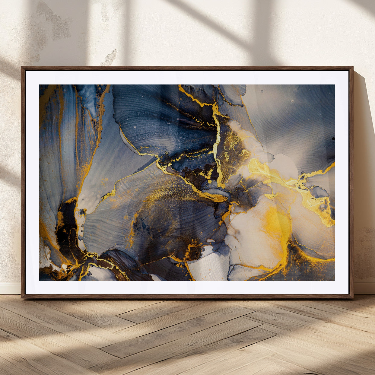 42100-MGC-FP-36x24_Walnut-Large Abstract Wall Art Print - Gold and Blue Abstract Canvas Wall Art | Fluid Ink Modern Luxury