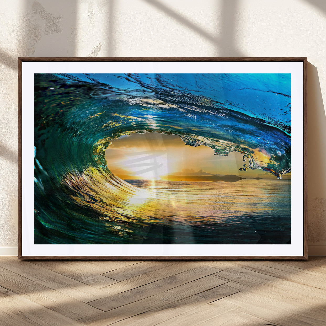 19378-MGC-FP-36x24_Walnut-Ocean Wave at Sunset Canvas Art, Large Wall Print of Vibrant Water Waves, Coastal Art for Living