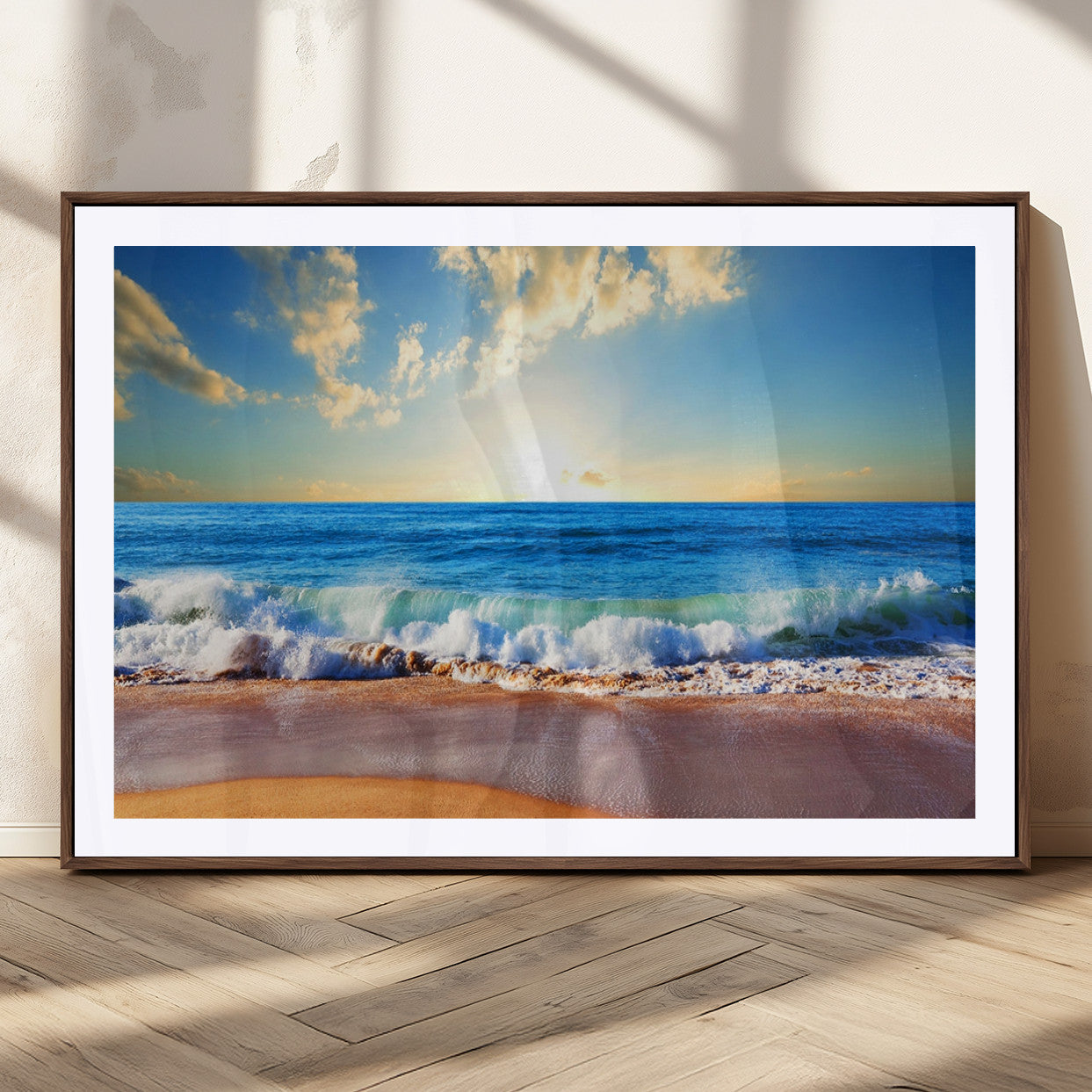 50522-MGC-FP-36x24_Walnut-Tropical Beach Sunset Canvas Art, Ocean Waves and Sandy Shoreline Wall Art, Large Beach Decor for