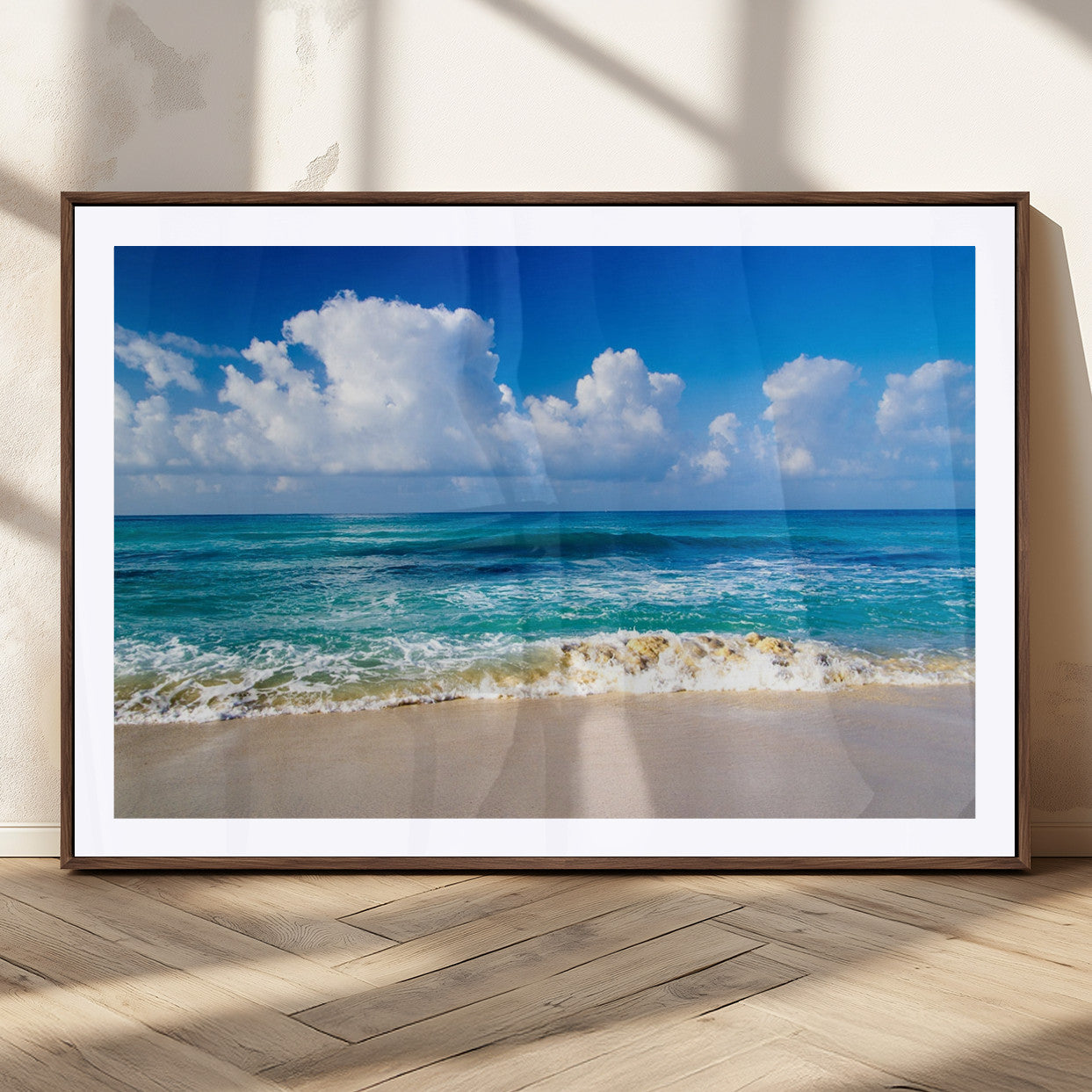 60364-MGC-FP-36x24_Walnut-Tropical Beach 3-Panel Canvas Wall Art – Serene Ocean Waves and Blue Sky Wall Art Print