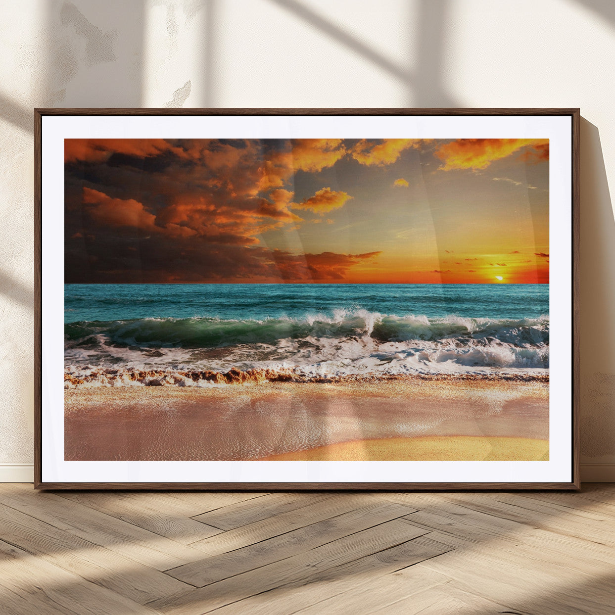 72948-MGC-FP-36x24_Walnut-Golden Sunset Beach Canvas Wall Art – Triptych Seascape Print – Framed and Ready to Hang for Living