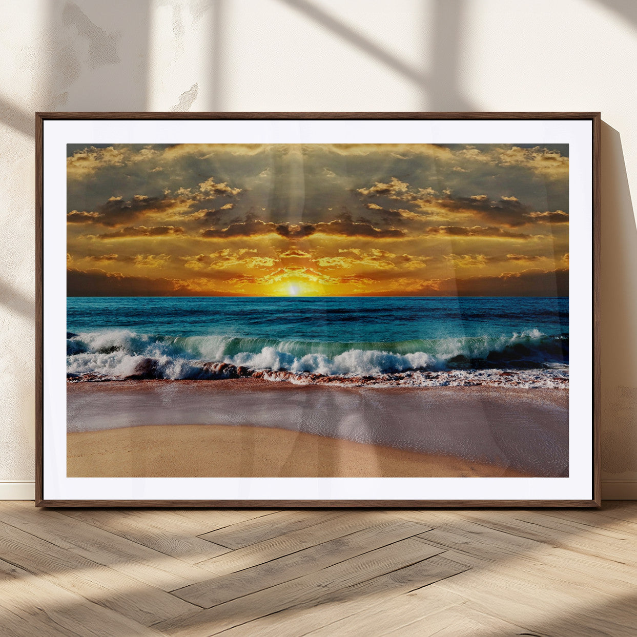 83389-MGC-FP-36x24_Walnut-Ocean Sunrise Over Golden Beach Waves, Giclee Canvas Wall Art Set, High-Quality Stretched Canvas