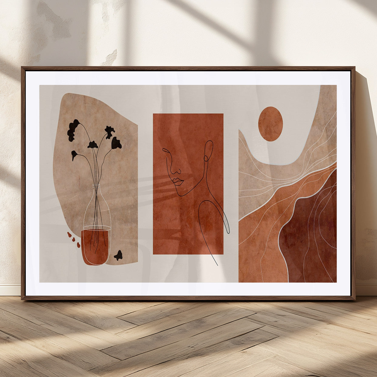56768-MGC-FP-36x24_Walnut-Boho Sunset Mountain Canvas Print, Modern Boho Sunset Mountain Landscape Triptych – Giclée Canvas