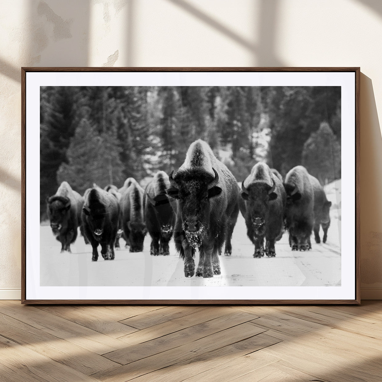 62434-MGC-FP-36x24_Walnut-Bison Herd in Snow Wall Art Canvas Print | Rustic Western Bison Wall Art for Decor for Living Room,