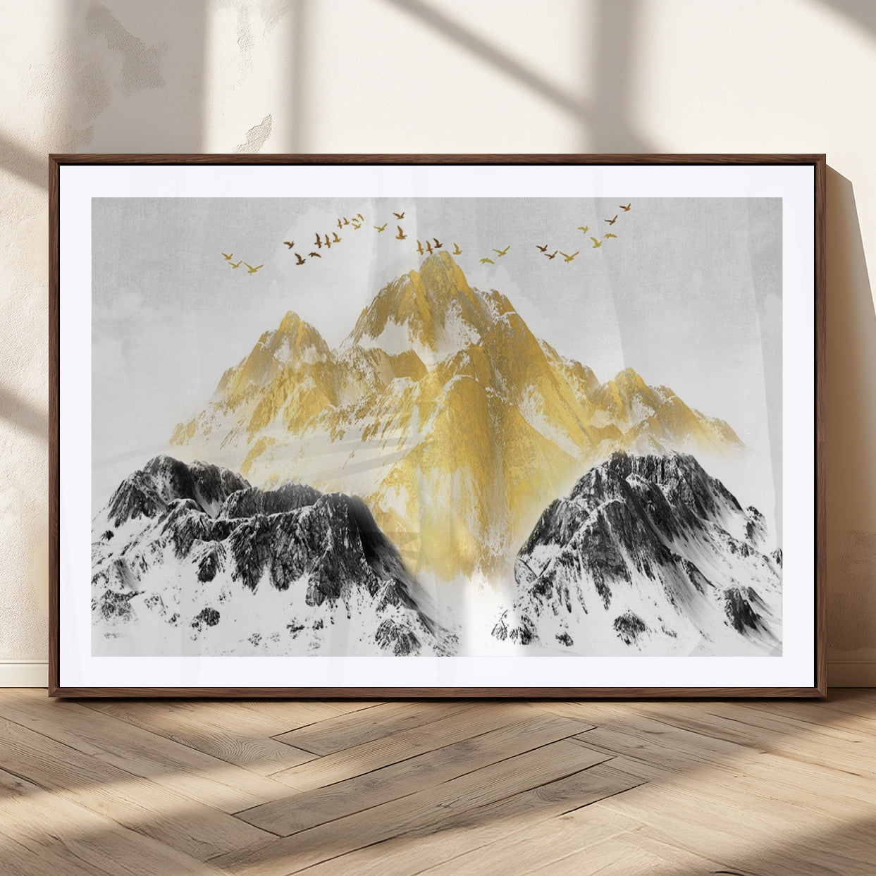 37733-MGC-FP-36x24_Walnut-Golden Mountain Triptych Wall Art Canvas Print, Modern Giclee Canvas Print, Nature Landscape Decor