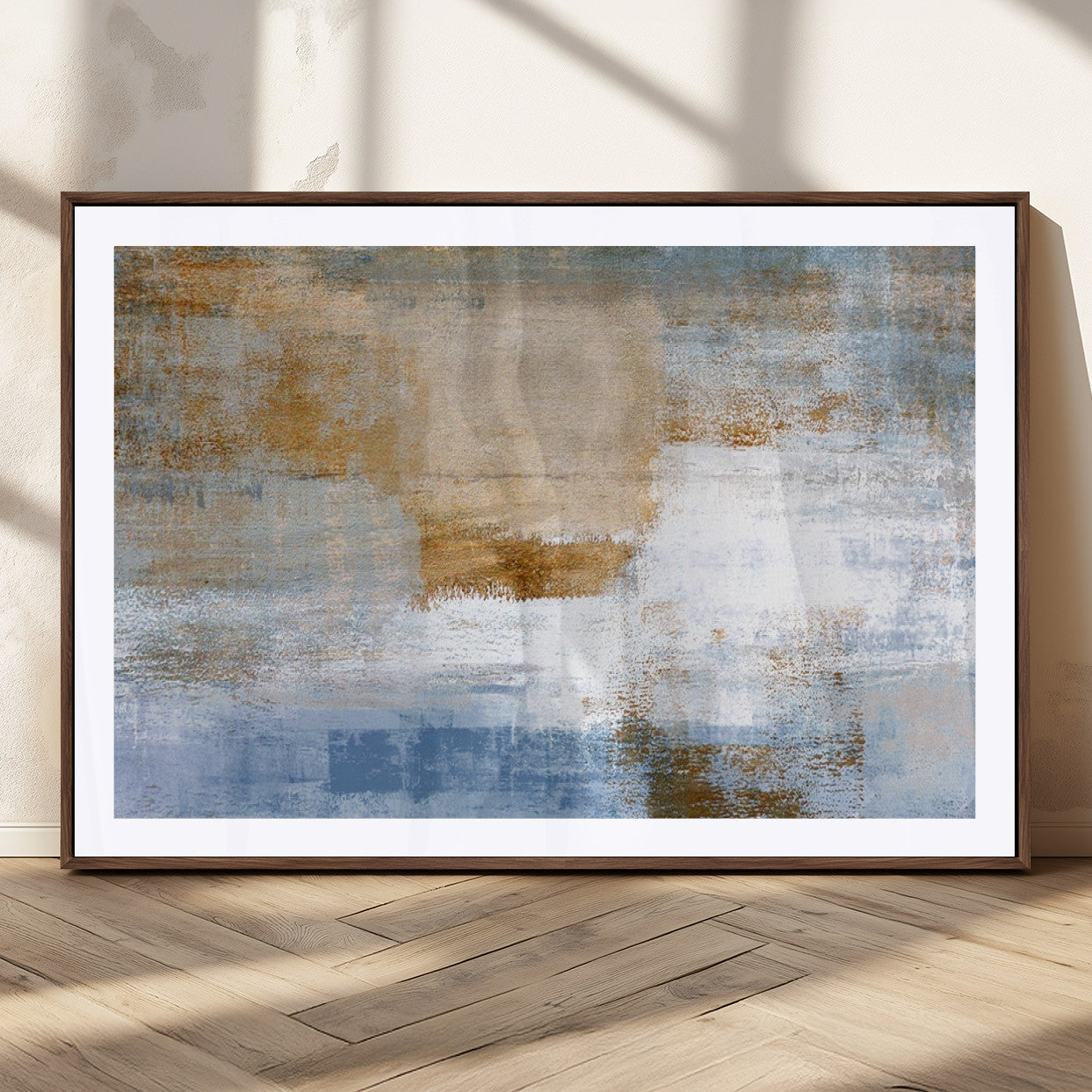 72354-MGC-FP-36x24_Walnut-Blue Multi Panel Abstract Wall Art Canvas, Abstract Blue and Gold Canvas Print