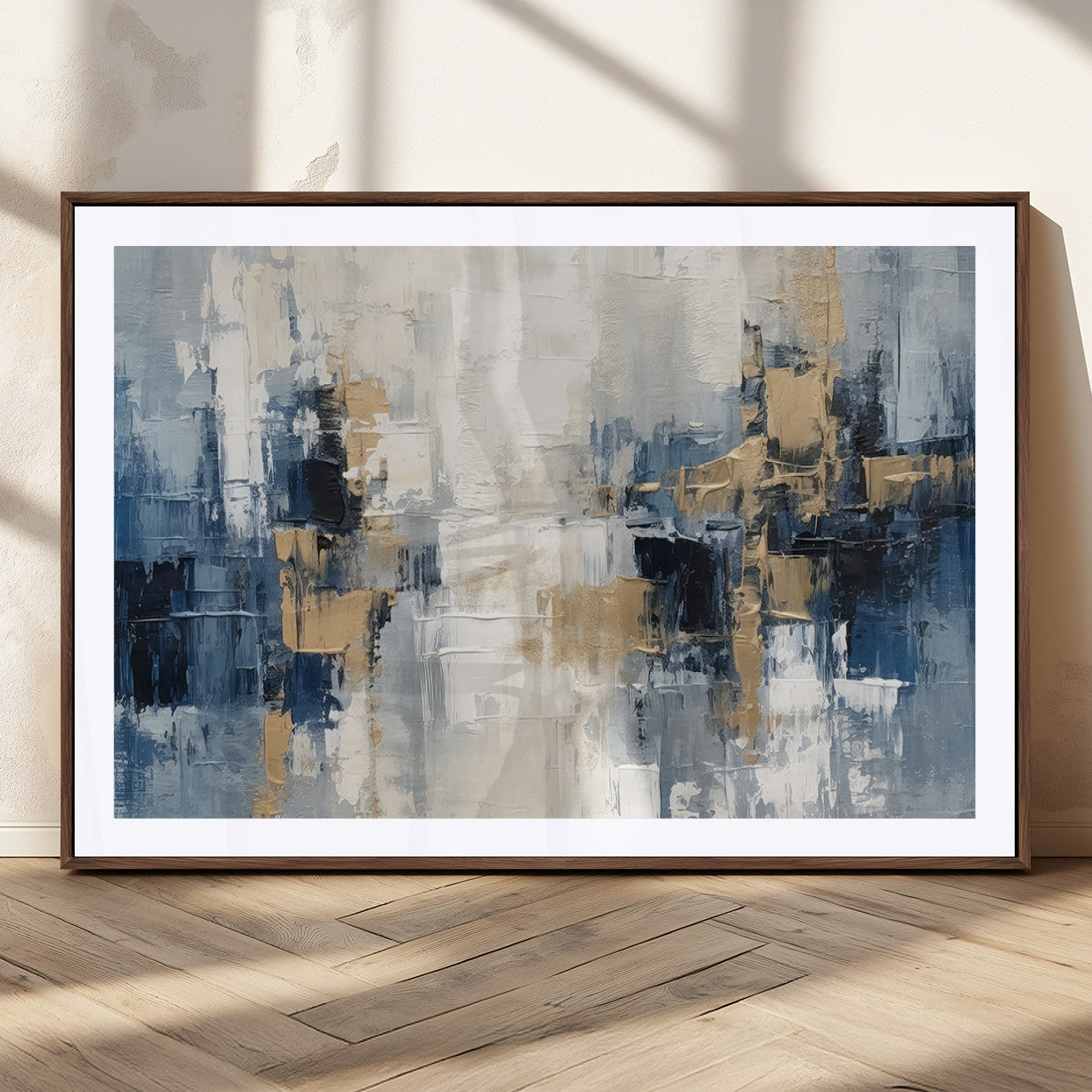 44344-MGC-FP-36x24_Walnut-Modern Abstract Canvas Wall Art in Blue and Gold Tones | Large Contemporary Art for Living Room,