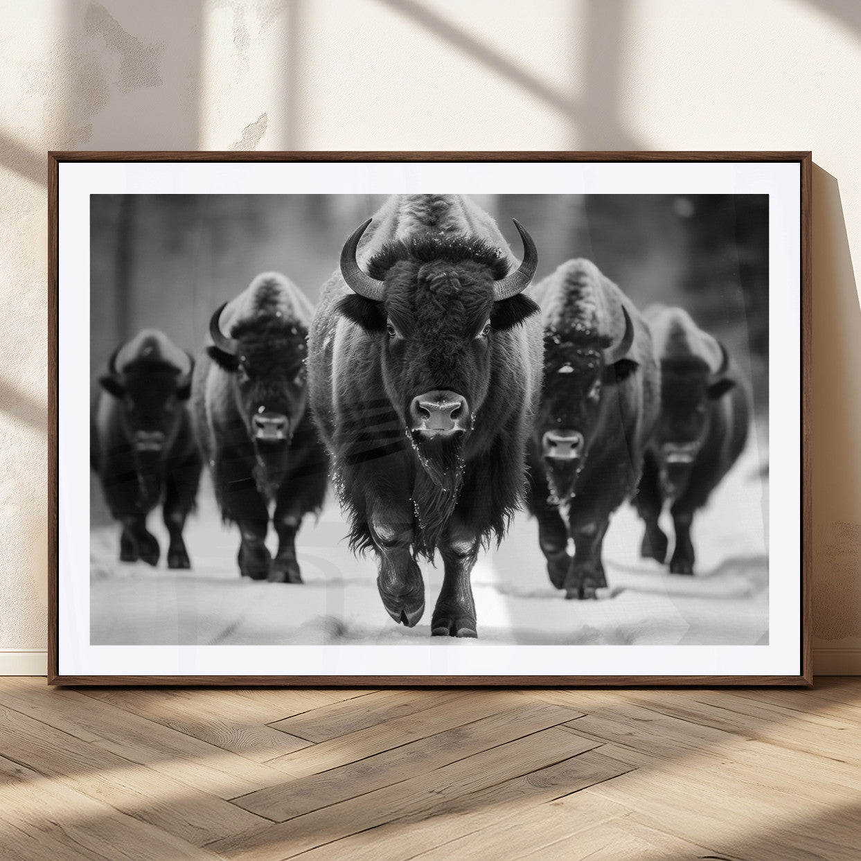 79872-MGC-FP-36x24_Walnut-American Bison Art | Buffalo Herd Wall Art Canvas Print, BW American Bison Herd Wall Art Canvas