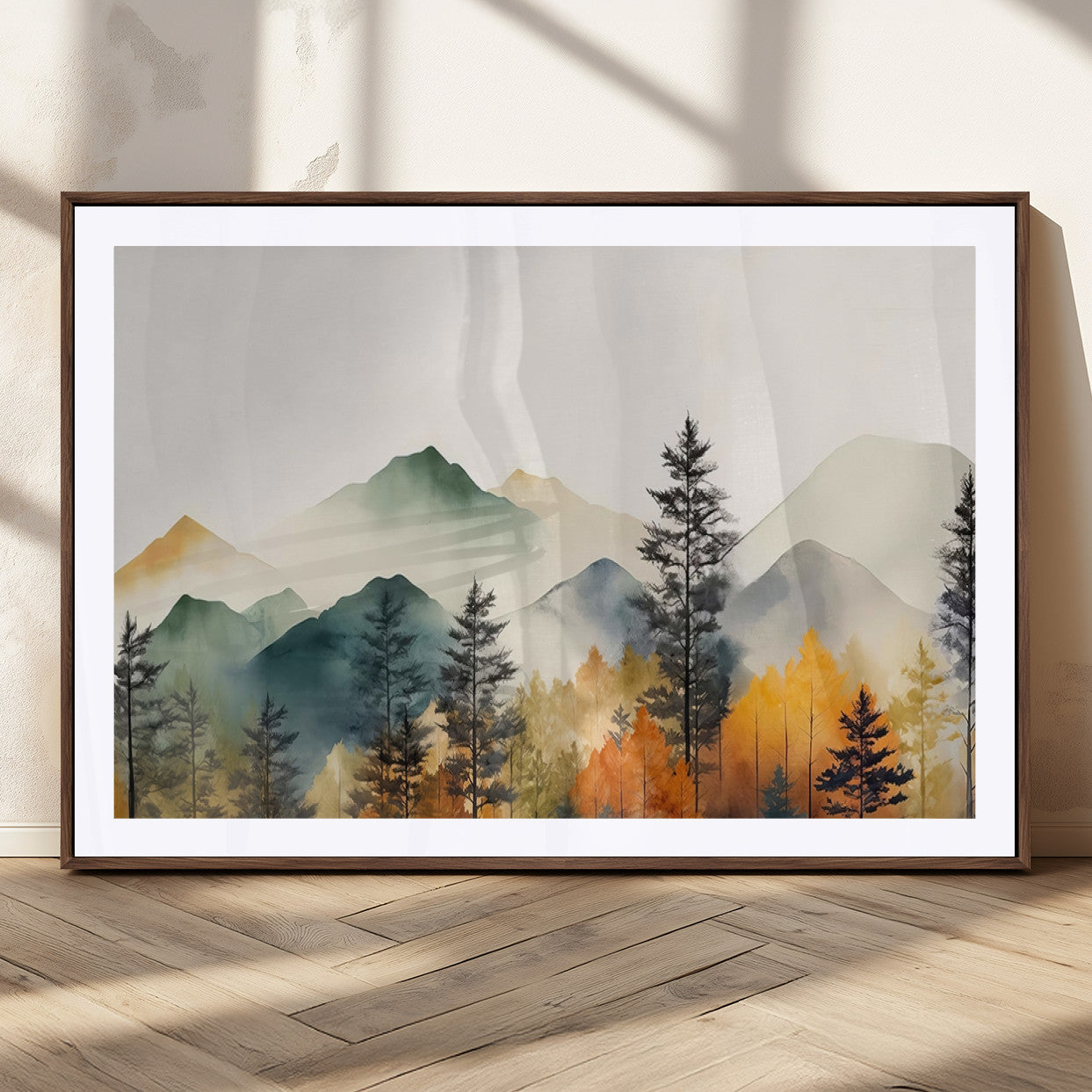 25689-MGC-FP-36x24_Walnut-Abstract Watercolor Mountains and Trees Autumn Wall Art, Mountains and Trees Autumn Wall Art Canvas