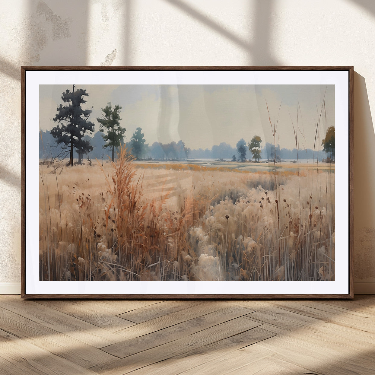 98822-MGC-FP-36x24_Walnut-Golden Fields Canvas Wall Art Print – Serene Landscape of Nature’s Tranquility in Minimalist Modern
