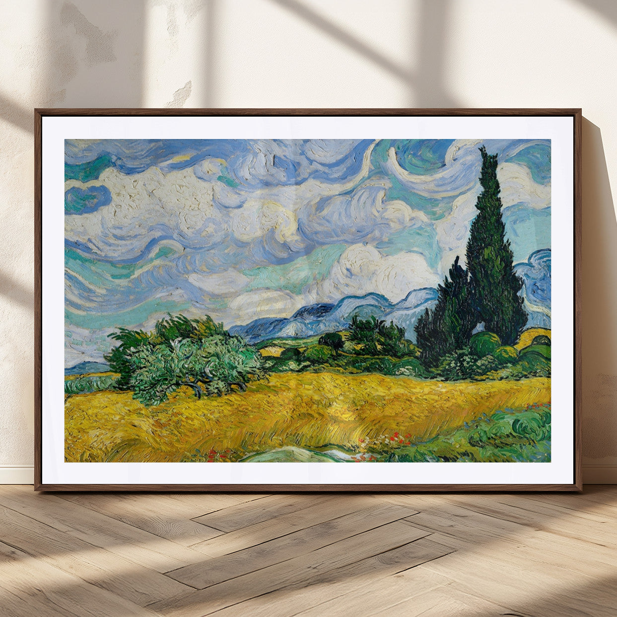 97252-MGC-FP-36x24_Walnut-Wheatfield With Cypresses By Van Gogh Painting Wall Art Canvas, Wheatfield With Cypresses Canvas