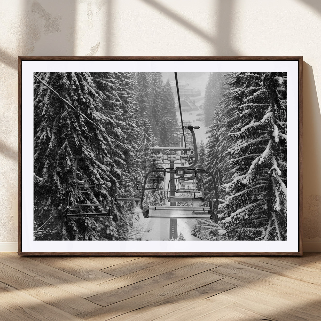 19240-MGC-FP-36x24_Walnut-Winter Ski Lift Black and White Canvas Wall Art – Alpine Escape in Minimalist Style – Winter Ski