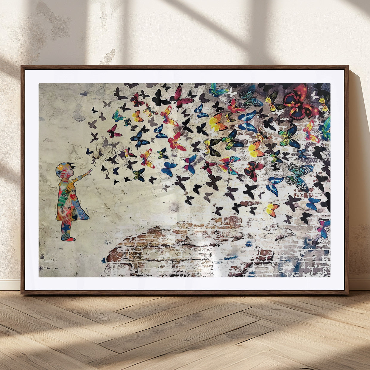 65208-MGC-FP-36x24_Walnut-Banksy Wall Art - Banksy Girl Butterfly Graffiti Wall Art Canvas Print - Butterfly Girl and Freedom
