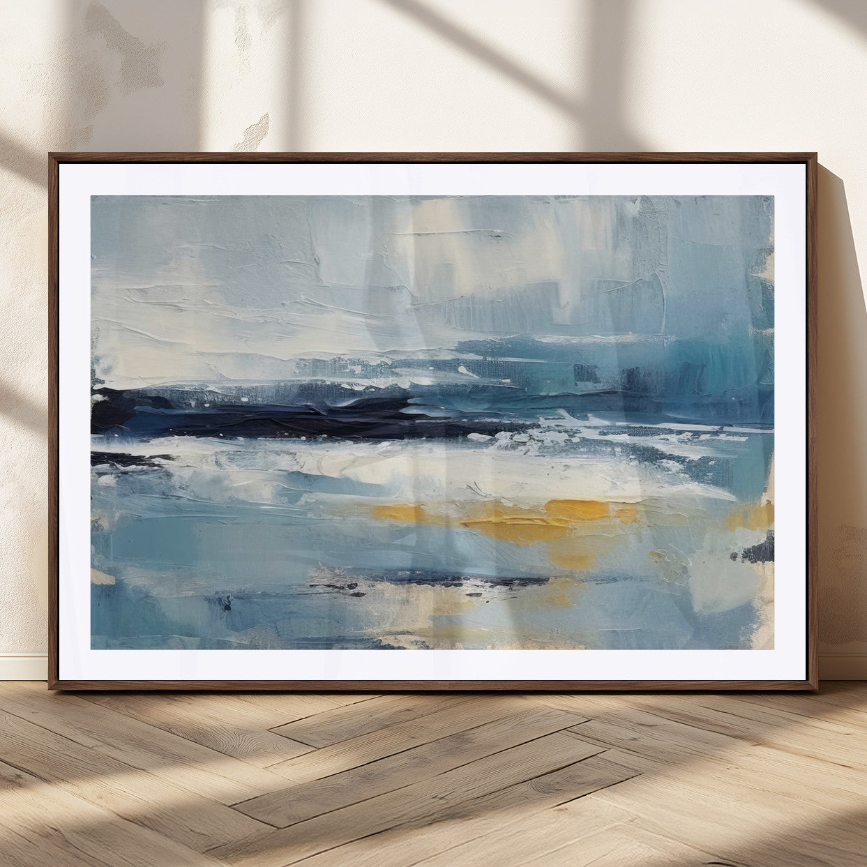 19746-MGC-FP-36x24_Walnut-Abstract Ocean Canvas Wall Art - Coastal Blue and Gold Textured Painting, Modern Seascape Decor for
