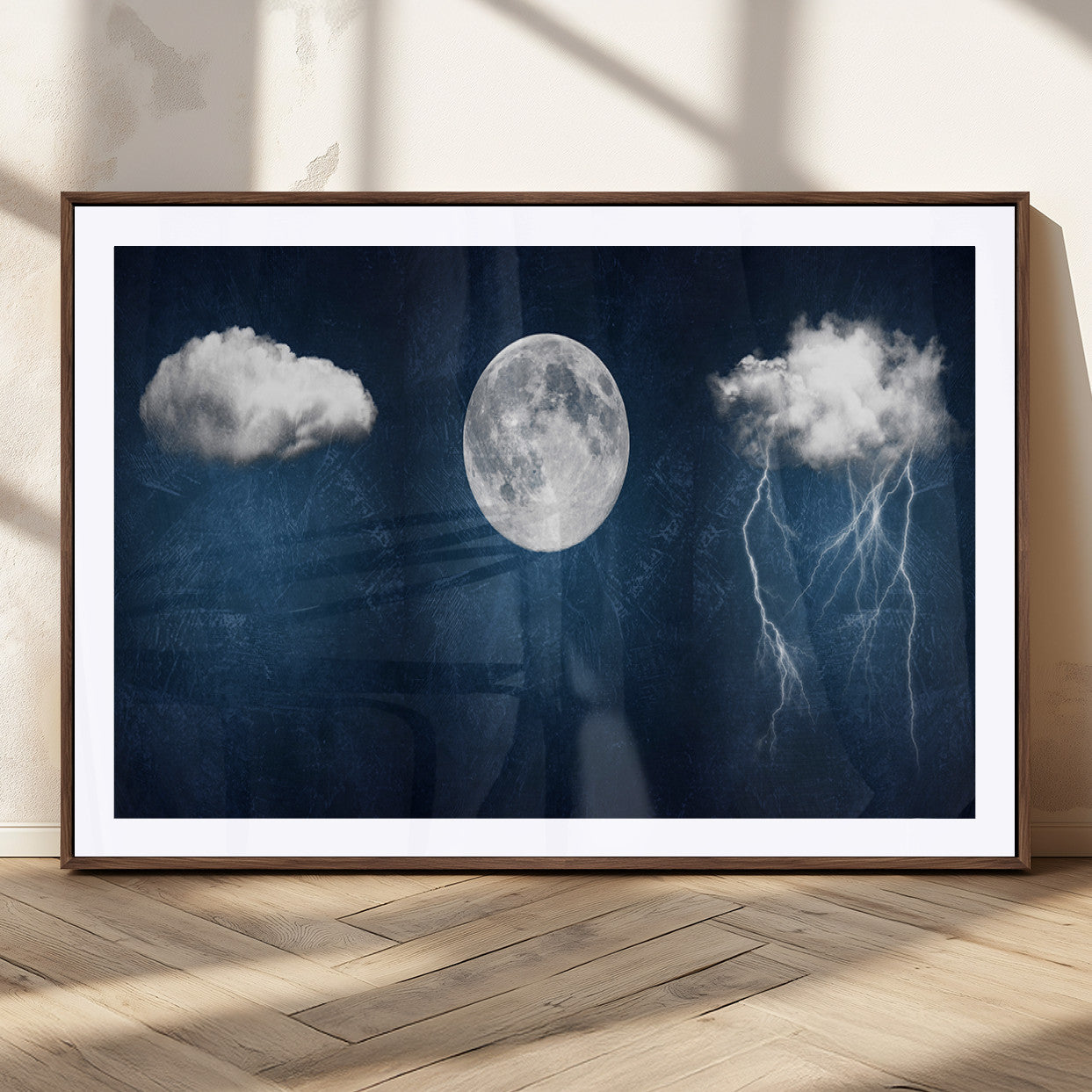 96569-MGC-FP-36x24_Walnut-Dark Blue Cloud Art, 3 Piece Indigo Blue Wall Art, Aesthetic Surreal Art, Thunderstorm Moon Cloud