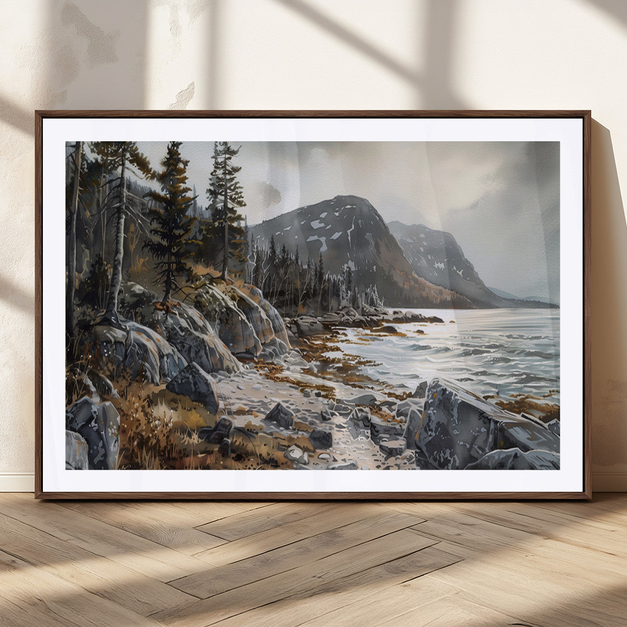 41281-MGC-FP-36x24_Walnut-Serene Coastal View of Acadia National Park - Stunning 3-Panel Wall Art Canvas Print, Framed, Ready