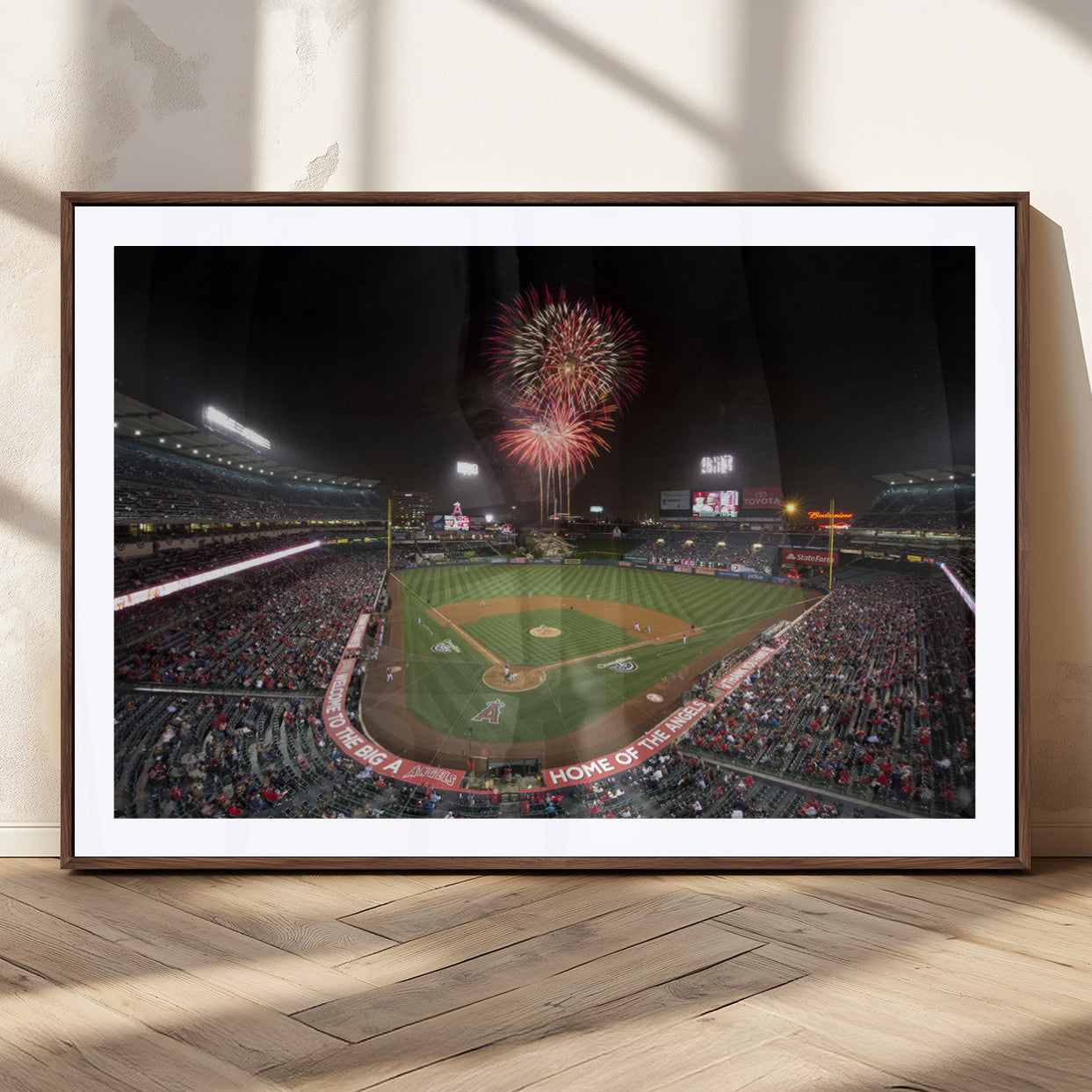 63592-MGC-FP-36x24_Walnut-Fireworks at Angel Stadium – Los Angeles Angels Canvas Print, Framed Los Angeles Angels Wall Art