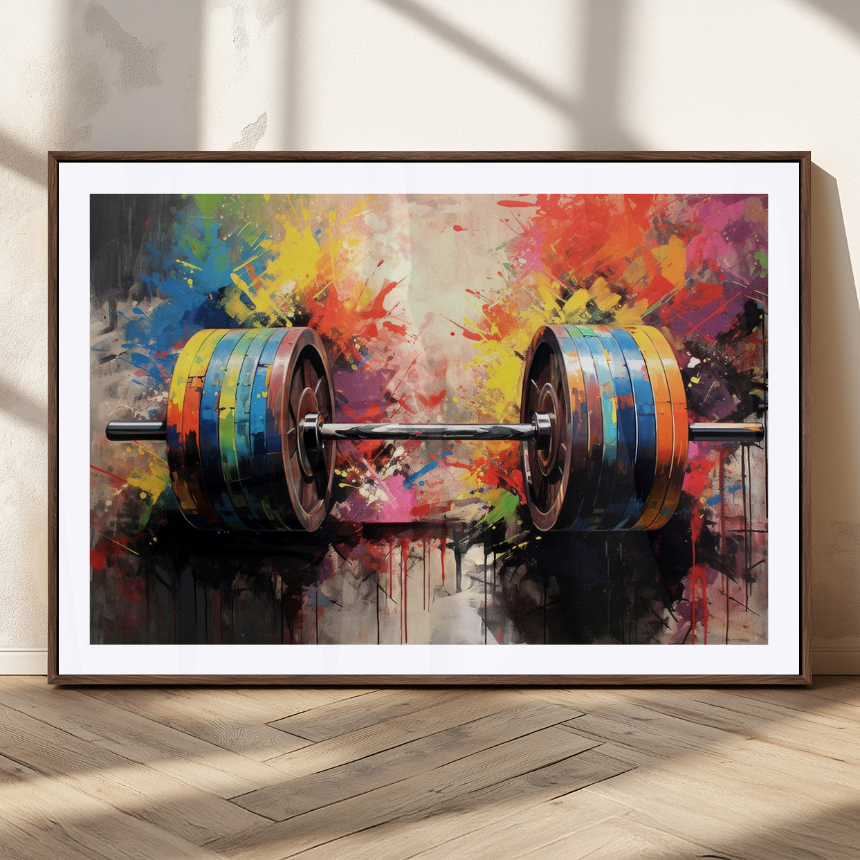 80436-MGC-FP-36x24_Walnut-Weightlifting Barbell Art Triptych, Bold Abstract Fitness Wall Decor for Gym or Home, Giclee Canvas