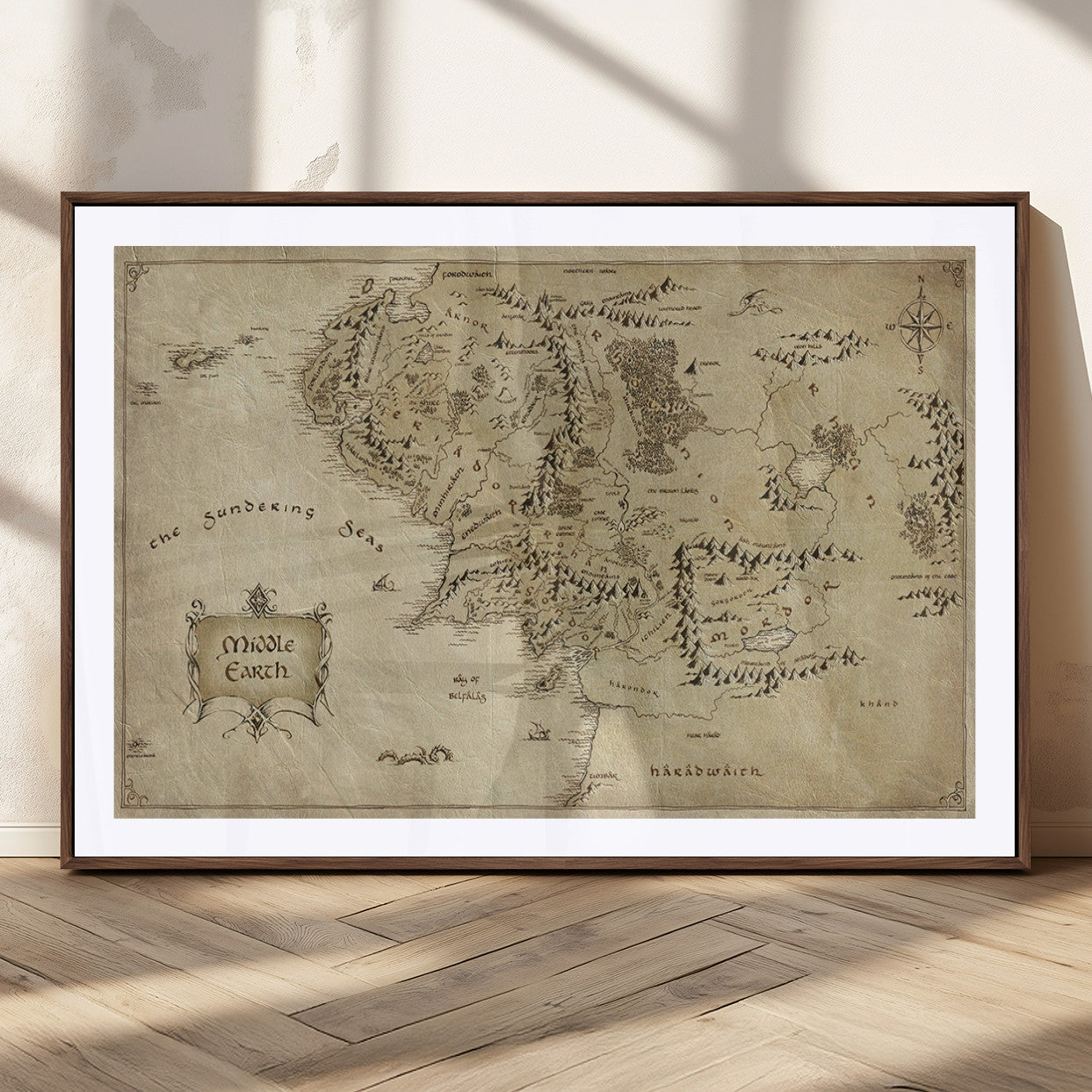 21784-MGC-FP-36x24_Walnut-Vintage Middle Earth Map Wall Art Canvas – Lord of the Rings Inspired Framed Map Print, Classic Fantasy Decor for Home, Office