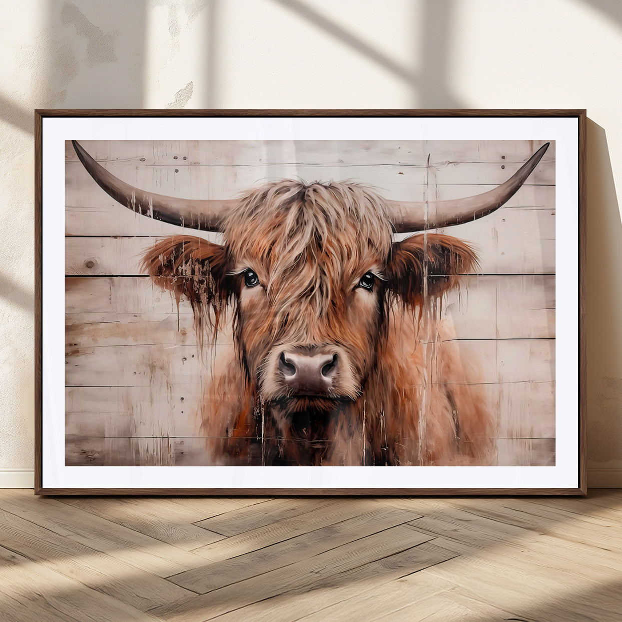 93730-MGC-FP-36x24_Walnut-Vintage Scottish Highland Cow Cattle Art Print Farmhouse Wall Art Canvas Print