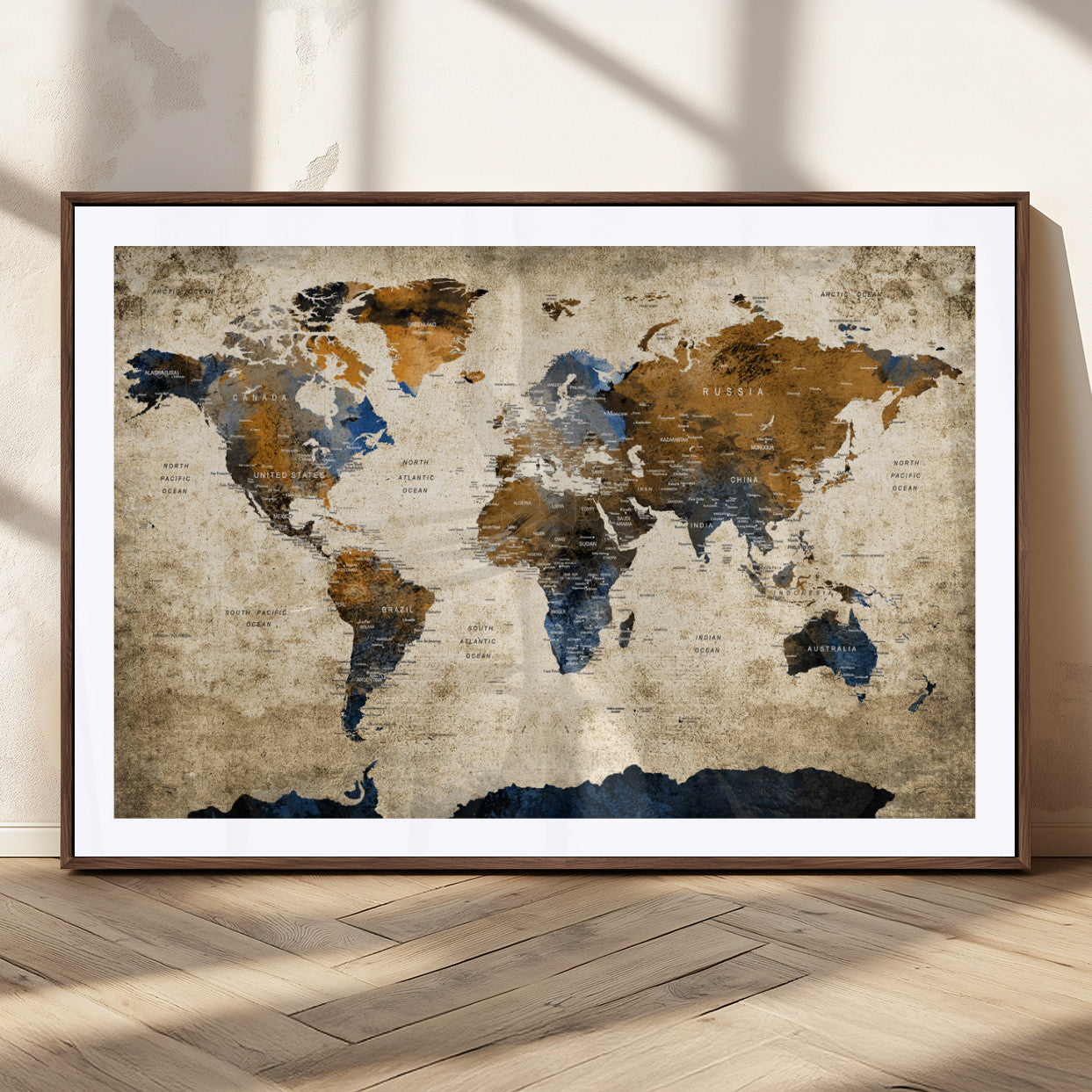 51140-MGC-FP-36x24_Walnut-World Map Wall Art – Rustic Earth Tone Canvas Print, Antique Travel Map Design for Living Room, Office or Study, Classic Adventure Decor