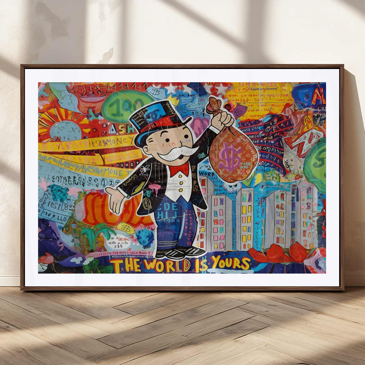 96320-MGC-FP-36x24_Walnut-Pop Art Monopoly Man Canvas Wall Art Print - Bold and Colorful Street Art-Inspired Decor for Living