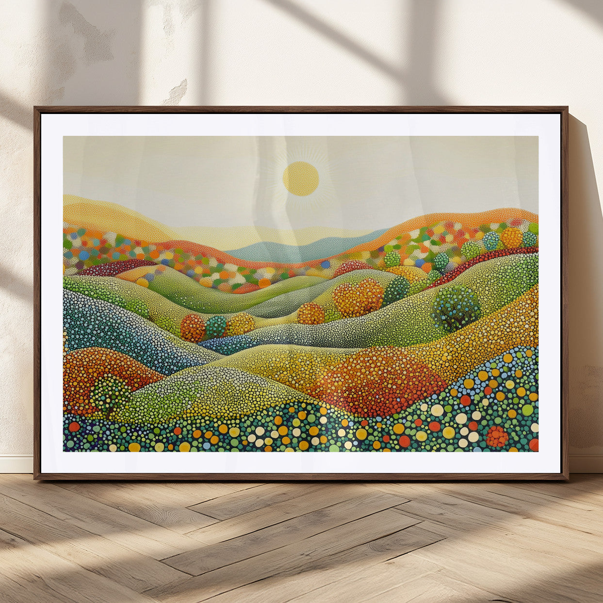 27683-MGC-FP-36x24_Walnut-YAYOI KUSAMA Wall Art - Colorful Dot Art Landscape Canvas, Framed Japanese Dot Art