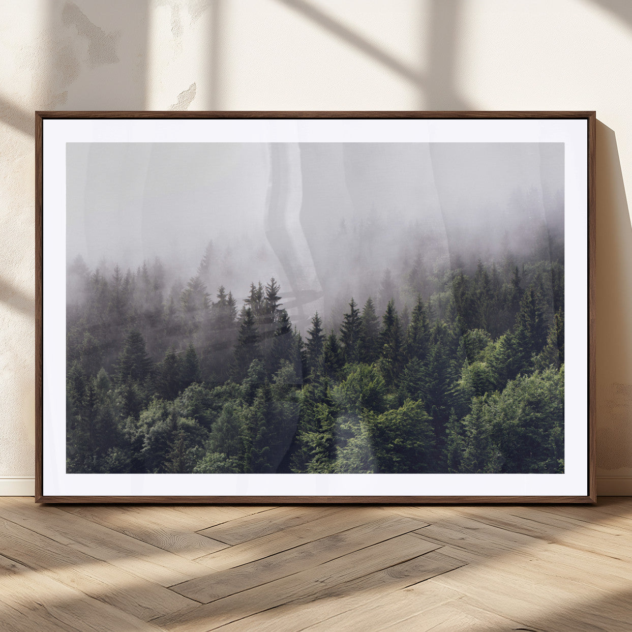 42578900-MGC-FP-36x24_Walnut-Misty Forest Canvas Wall Art – Serene Triptych Nature Print – Woodland Landscape Decor for Living