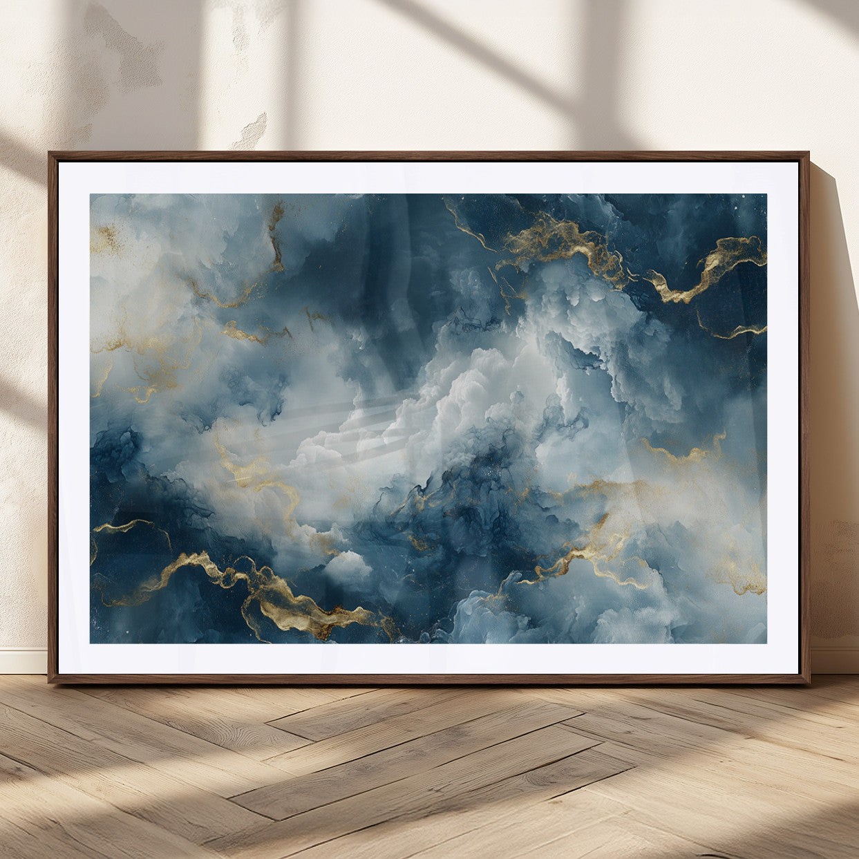48298-MGC-FP-36x24_Walnut-Large Abstract Print - Luxe Blue and Gold Abstract Canvas Wall Art - Bold Cloudscape Canvas for