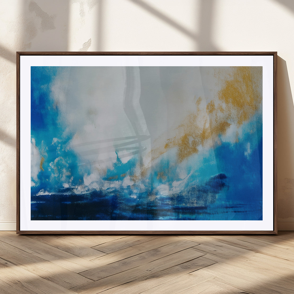 84745-MGC-FP-36x24_Walnut-Blue Abstract Print - Dynamic Ocean-Inspired Canvas Wall Art