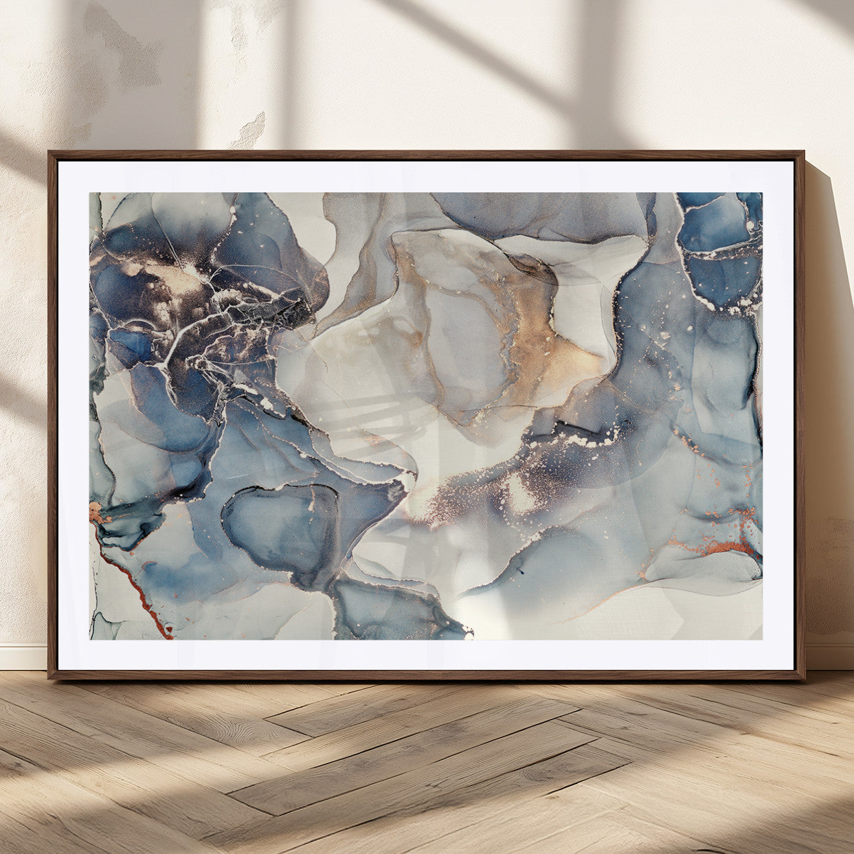 51497-MGC-FP-36x24_Walnut-Abstract Blue and Gold Canvas Wall Art - Fluid Modern Ink Artwork - Modern Luxury Wall Decor for