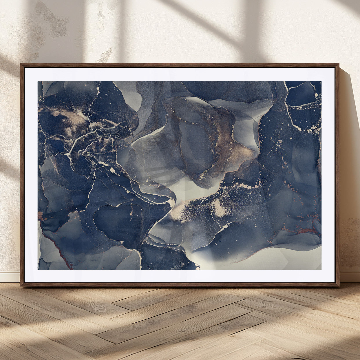 28282-MGC-FP-36x24_Walnut-Large Abstract Blue and Gold Canvas Wall Art | Fluid Ink Artwork Print | Luxury Wall Decor for