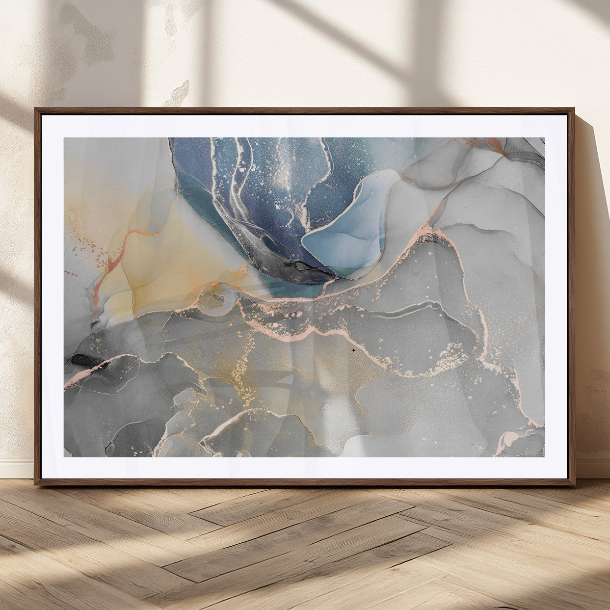18176-MGC-FP-36x24_Walnut-Large Abstract Blue and Gold Canvas Wall Art | Fluid Ink Artwork Print | Luxury Wall Decor for