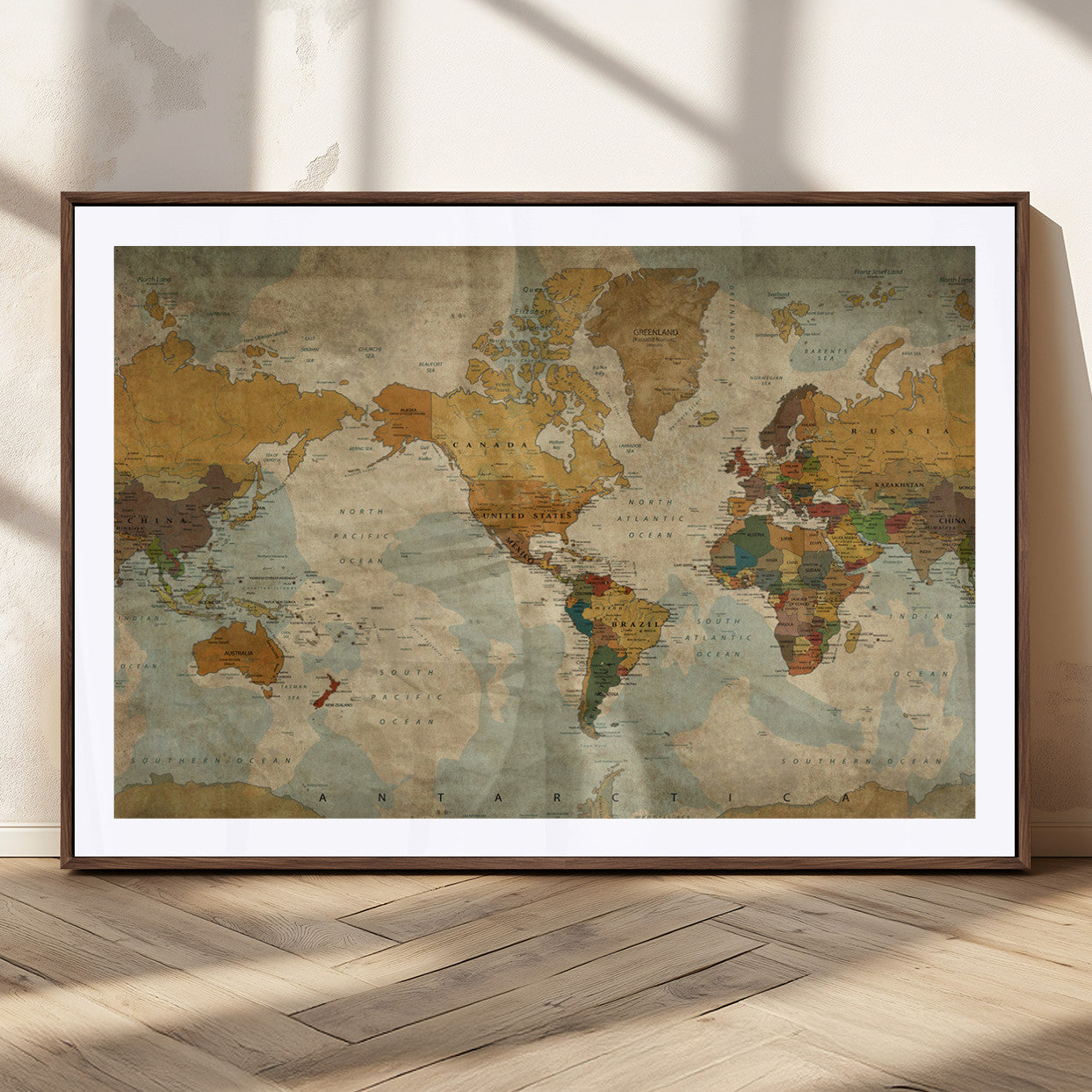 52482-MGC-FP-36x24_Walnut-Push Pin World Map Canvas Print – Framed Travel Tracker Wall Art for Couples, Romantic Anniversary Gift and Elegant Home Decor