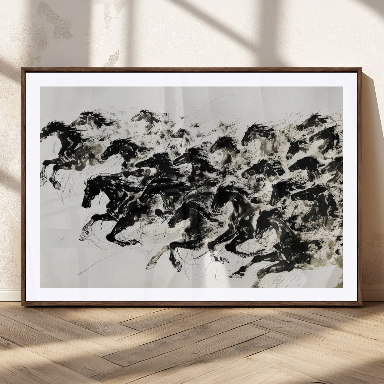 23069-MGC-FP-36x24_Walnut-Abstract Horse Wall Art Canvas Print - Dynamic Black Ink Horse Print - Modern Equine Wall Decor for