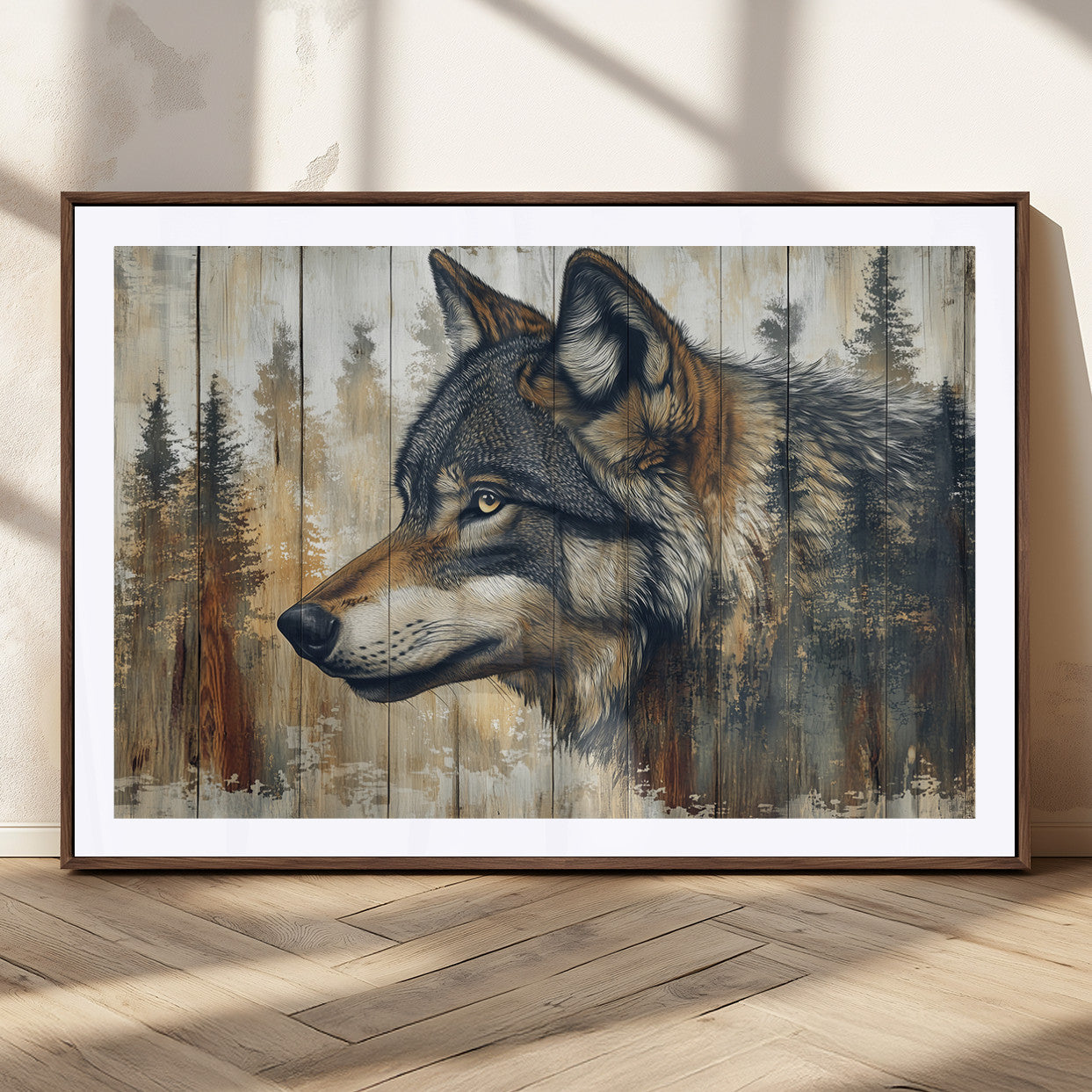91882-MGC-FP-36x24_Walnut-Rustic Wolf Wall Art Canvas Print, Vintage Woodland Wolf Wall Art