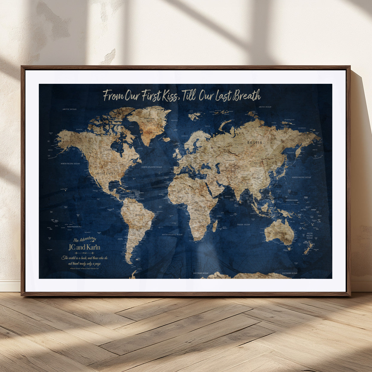 56122A-MGC-FP-36x24_Walnut-Personalized Push Pin World Map Canvas Print – Custom Couple Travel Tracker Wall Art, Framed Anniversary Gift for Home Decor