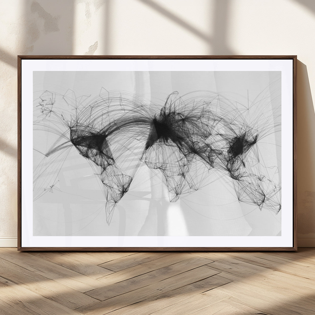 Black-Flight-Routes-MGC-FP-36x24_Walnut-Flight Routes Air Traffic Map Canvas Wall Art - Framed - Ready to Hang
