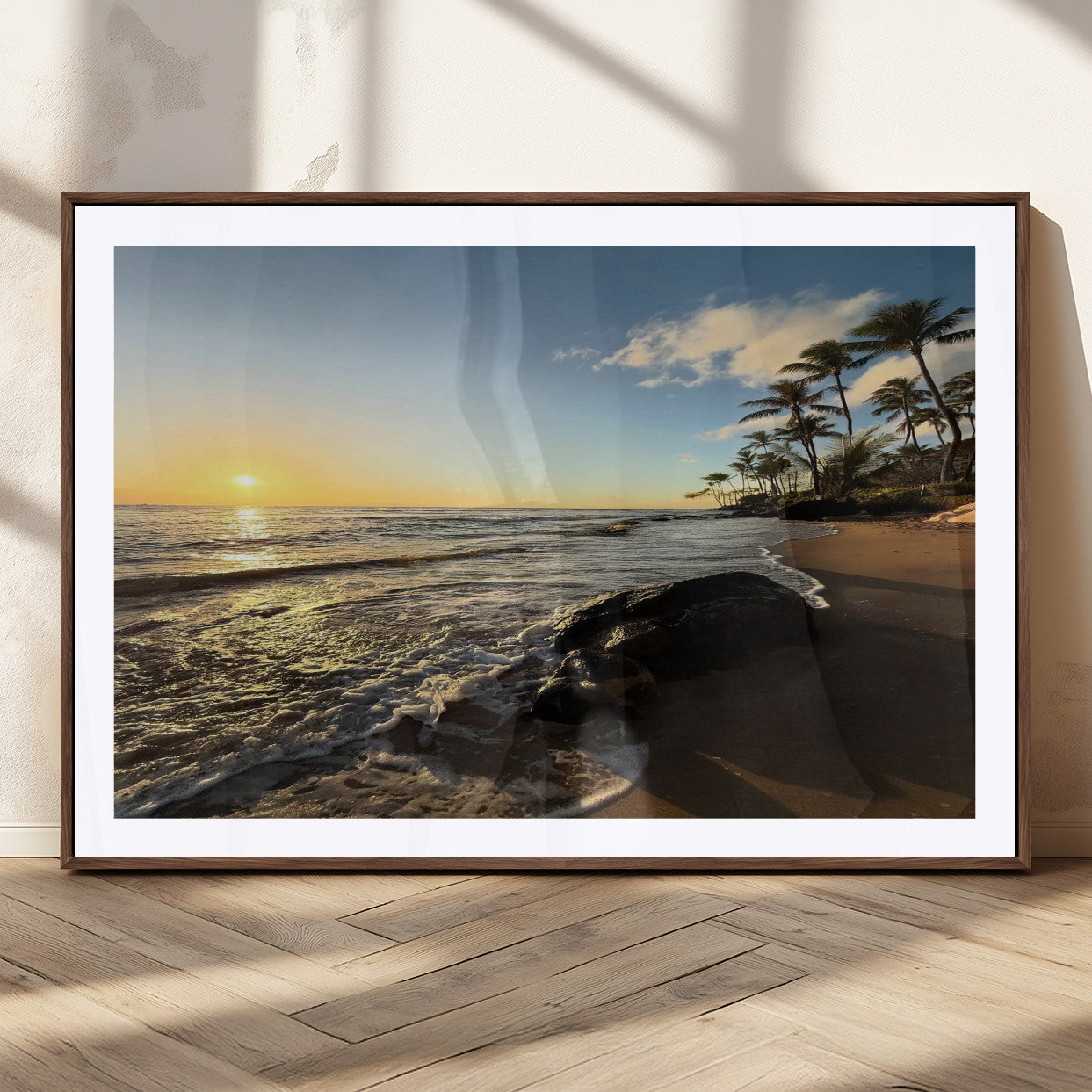 Nadir2-MGC-FP-36x24_Walnut-Tropical Beach Wall Art - Stunning Ocean Sunset Canvas Print with Palm Tree Design for Relaxing and