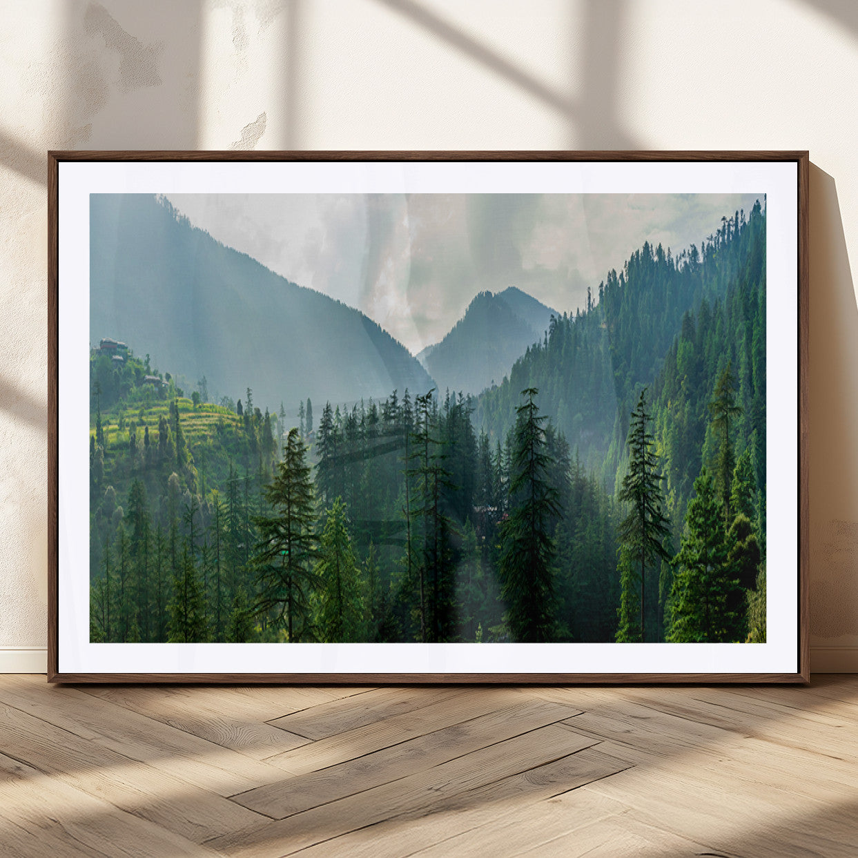 83417191-MGC-FP-36x24_Walnut-Misty Forest Mountain Wall Art Canvas Print – Framed Serene Nature Scene with Tranquil Valley Artwork for Home, Office