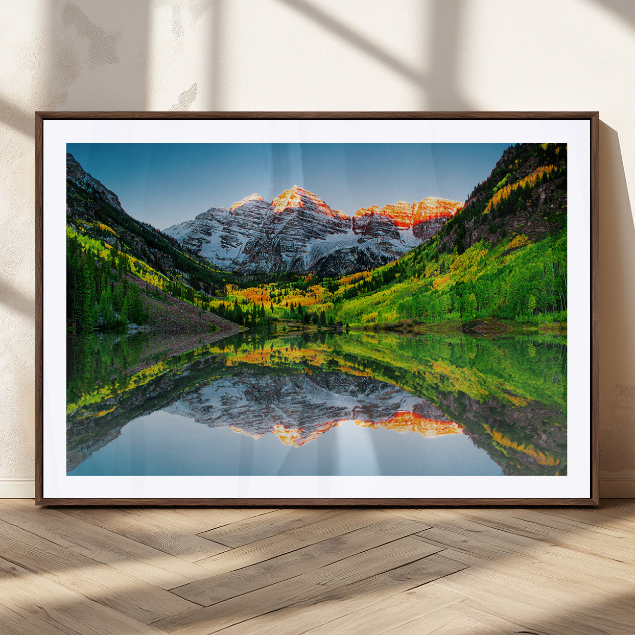 17996974-MGC-FP-36x24_Walnut-Sunrise Maroon Bells Lake Wall Art Canvas Print – Framed Elk Mountains Landscape Artwork for Home, Office