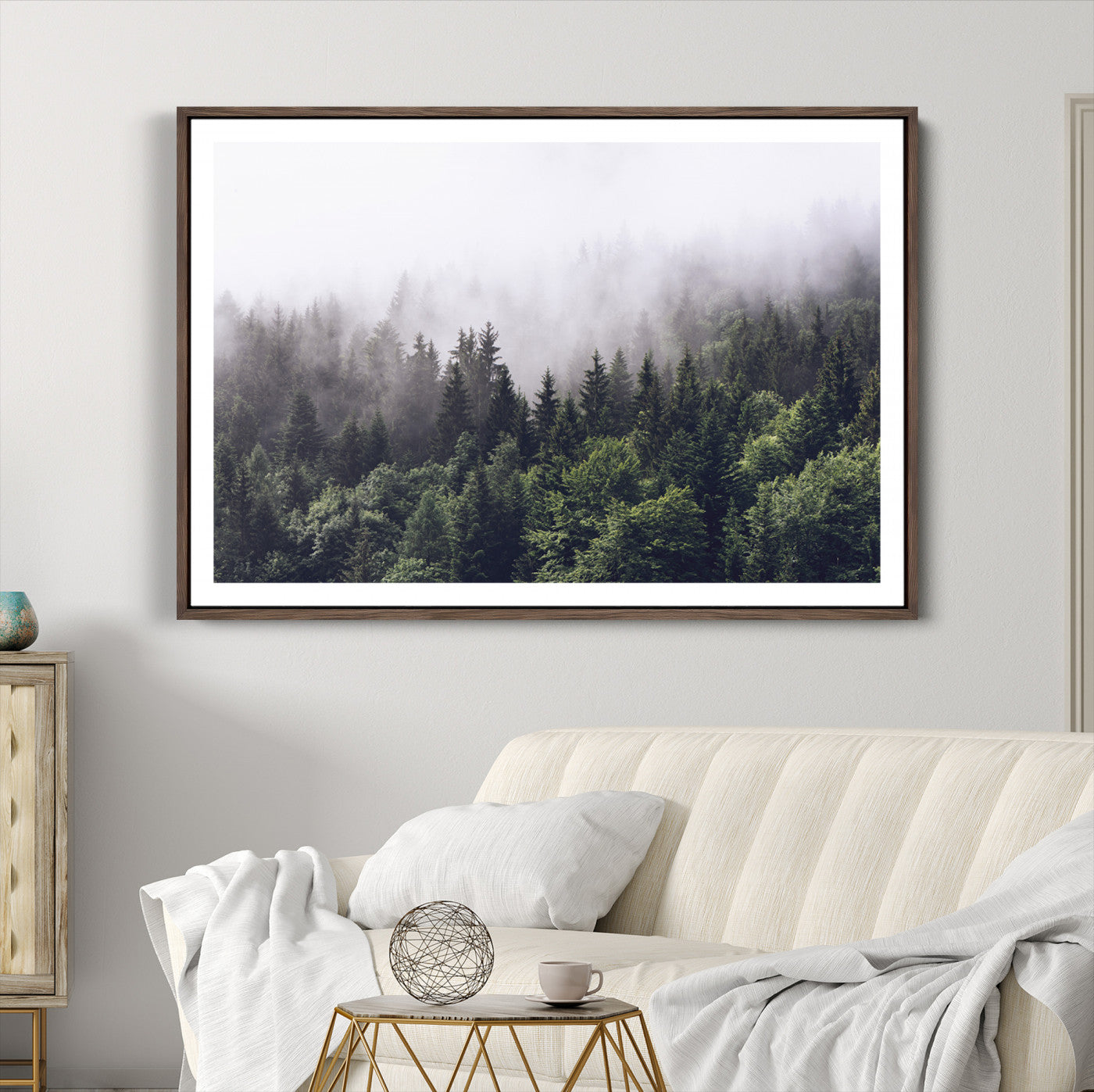 62890402-MGC-FP-36x24-Misty Forest Wall Art Canvas Print, Framed Foggy Pines Art Picture Print, Pine Valley Perfect Moody