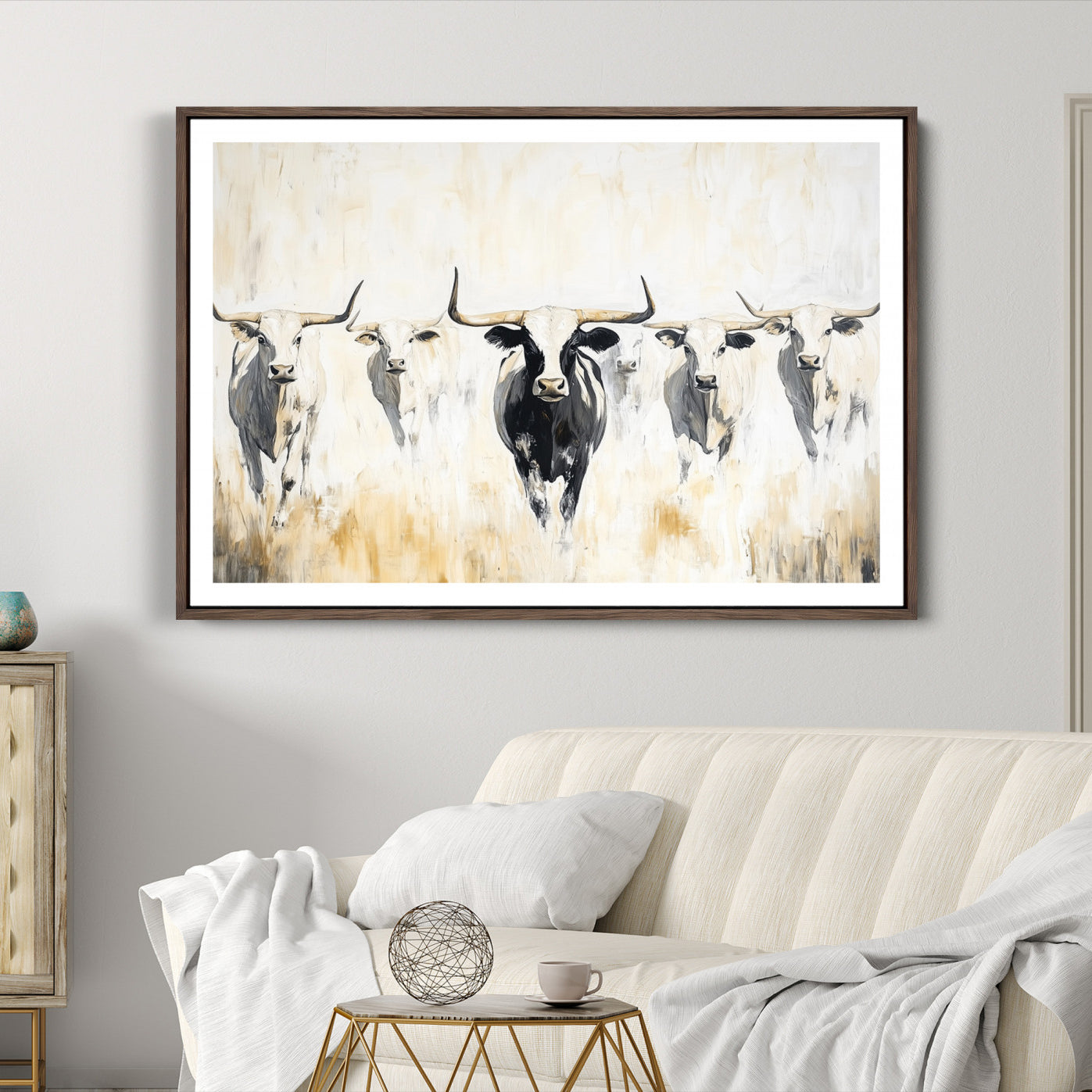 40397799-MGC-FP-36x24-Texas Longhorn Canvas Print, Framed Rustic Herd Art Picture Print, Western Bull Perfect Neutral