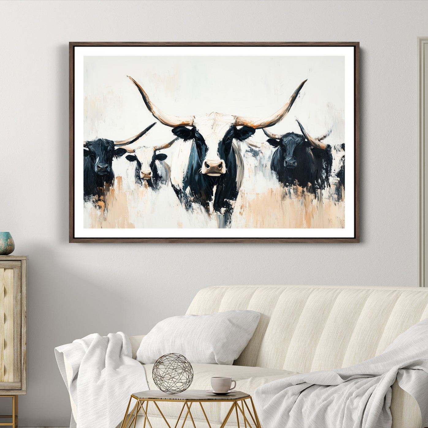 94780606-MGC-FP-36x24-Texas Longhorn Wall Art Canvas Print, Framed Western Cattle Art Picture Print, Horned Bull Perfect