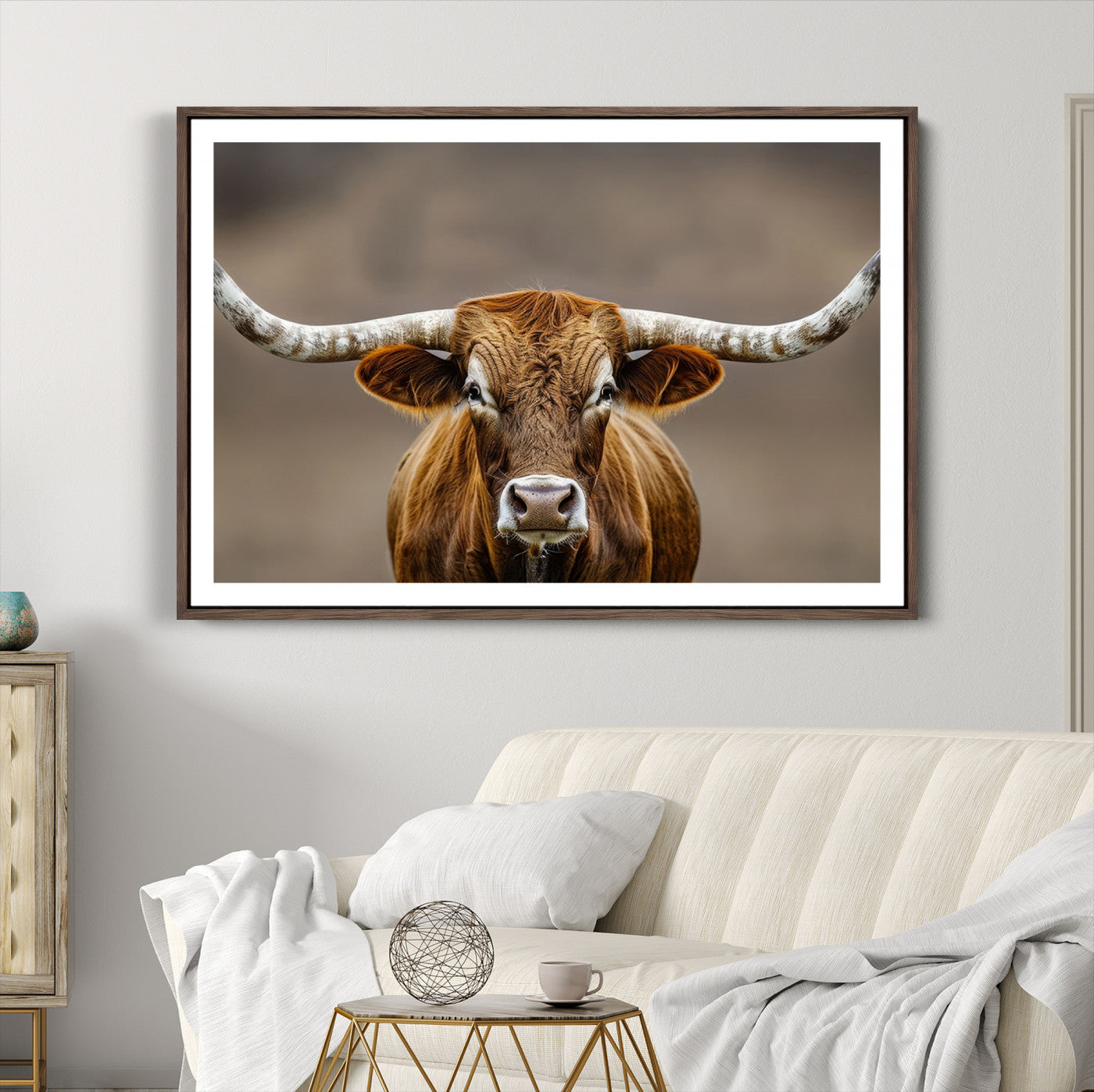 12179171-MGC-FP-36x24-Texas Longhorn Wall Art Canvas Print – Brown Bull Rustic Ranch Western Cattle Nature Artwork for Home Office
