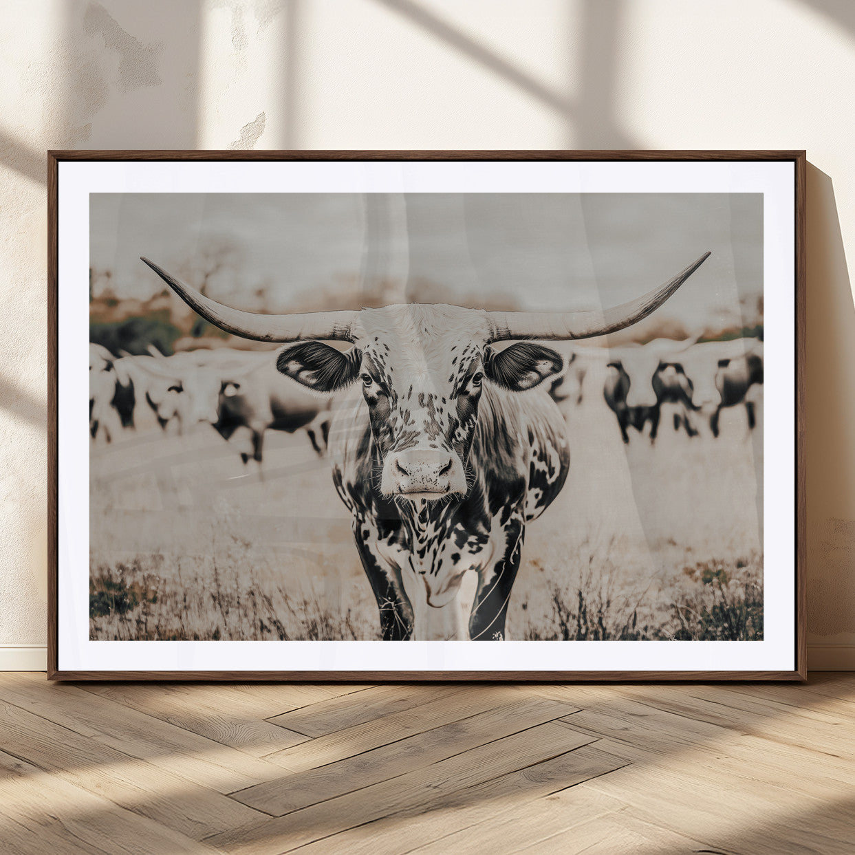 27497342-MGC-FP-36x24_Walnut-Texas Longhorn Wall Art Canvas Print – Framed Speckled Bull Horned Cattle Rustic Western Artwork for Home Office